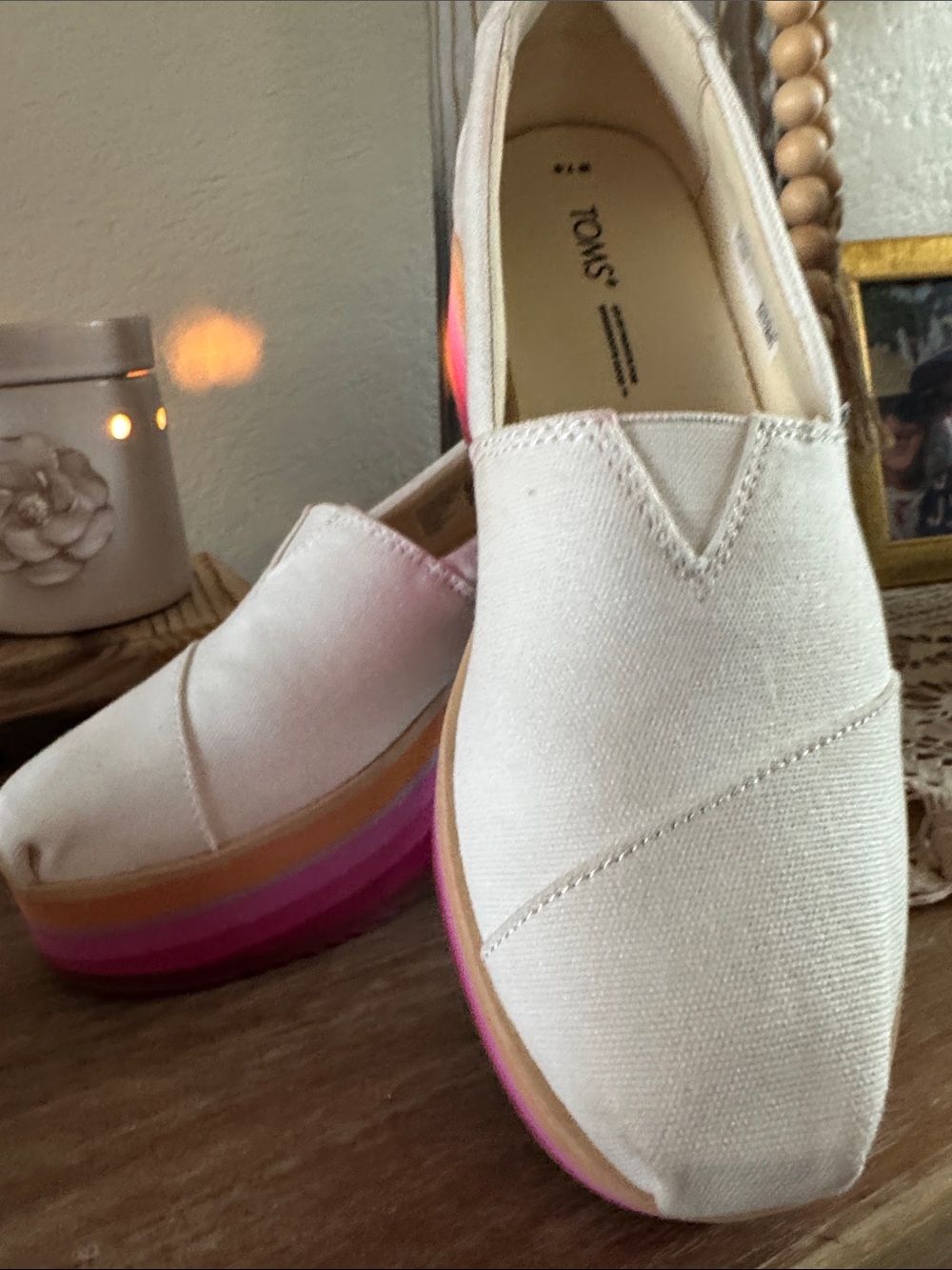 TOMS Cream Canvas Slip-On Platforms with Pink and Orange Rainbow Sole